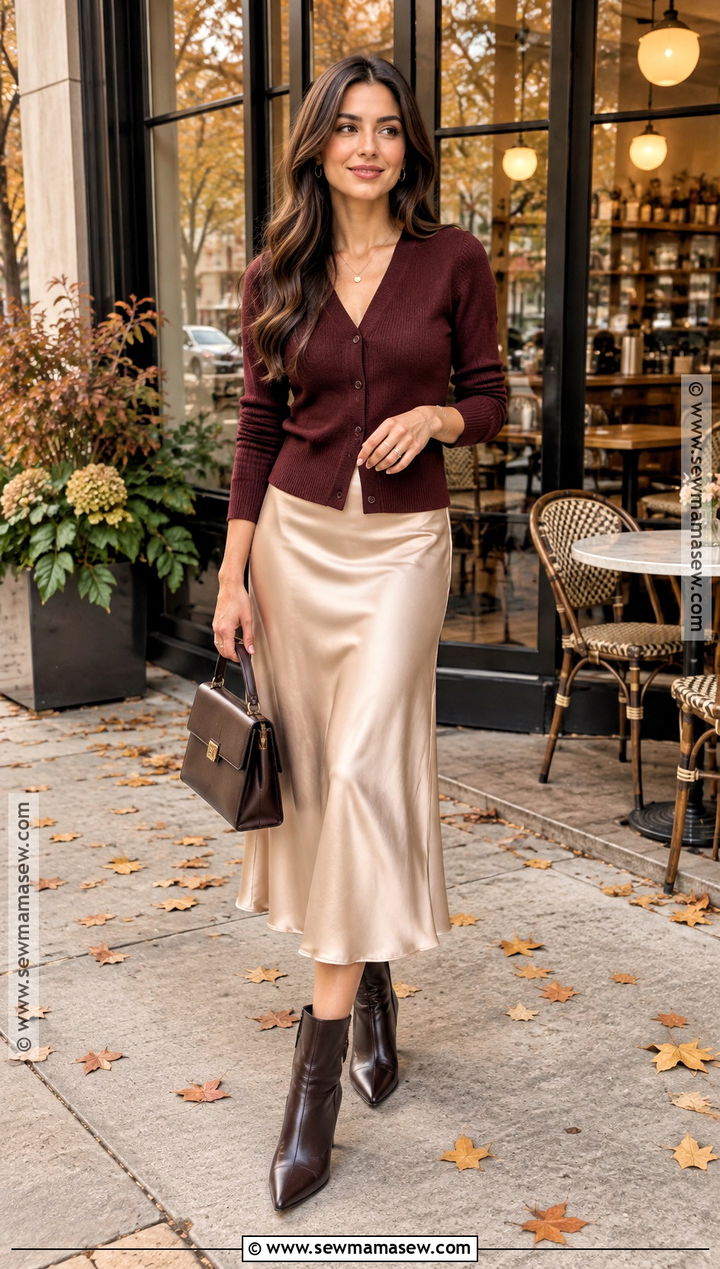 Cardigan With Satin Midi Skirt - 25 fall sweater outfits