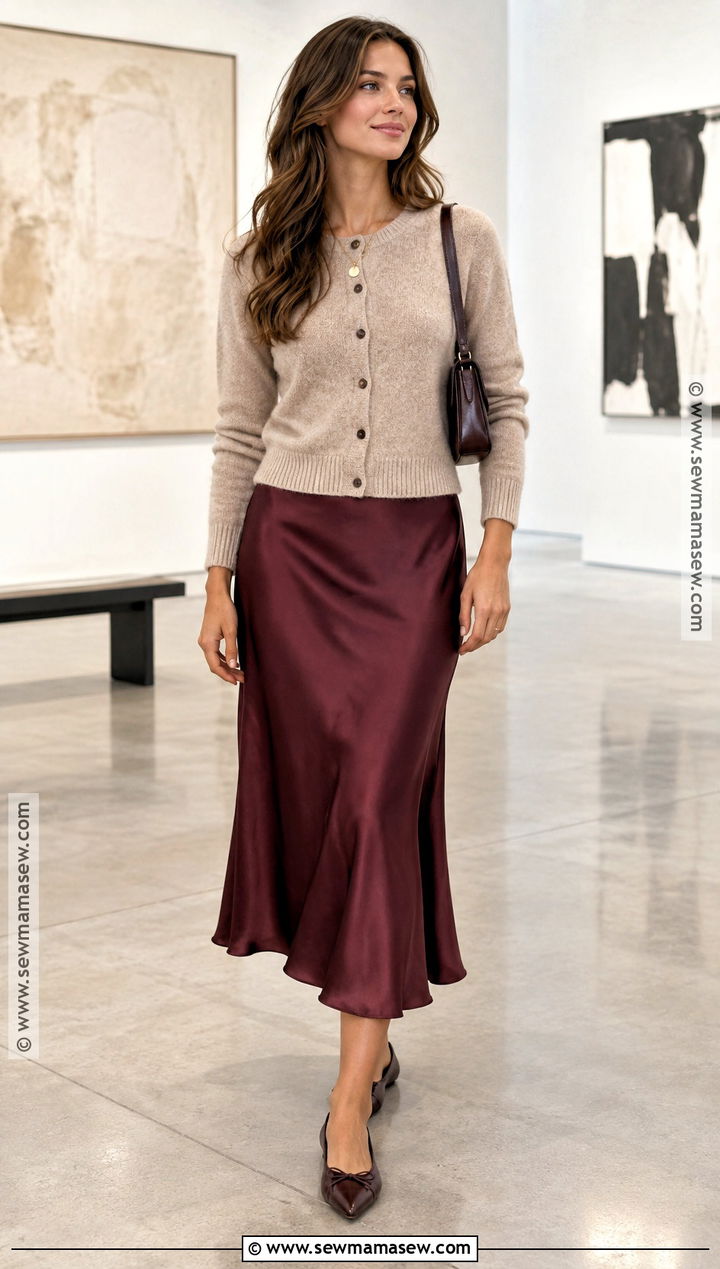 Cardigan With Satin Midi Skirt Outfit - 15 Outfits For Fall 2026