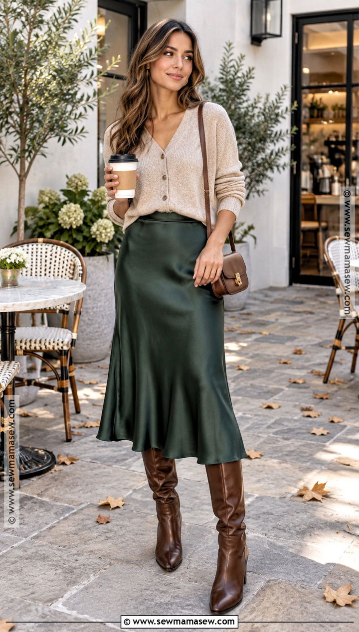 Cardigan With Satin Midi Skirt - 15 chic fall fashion style ideas