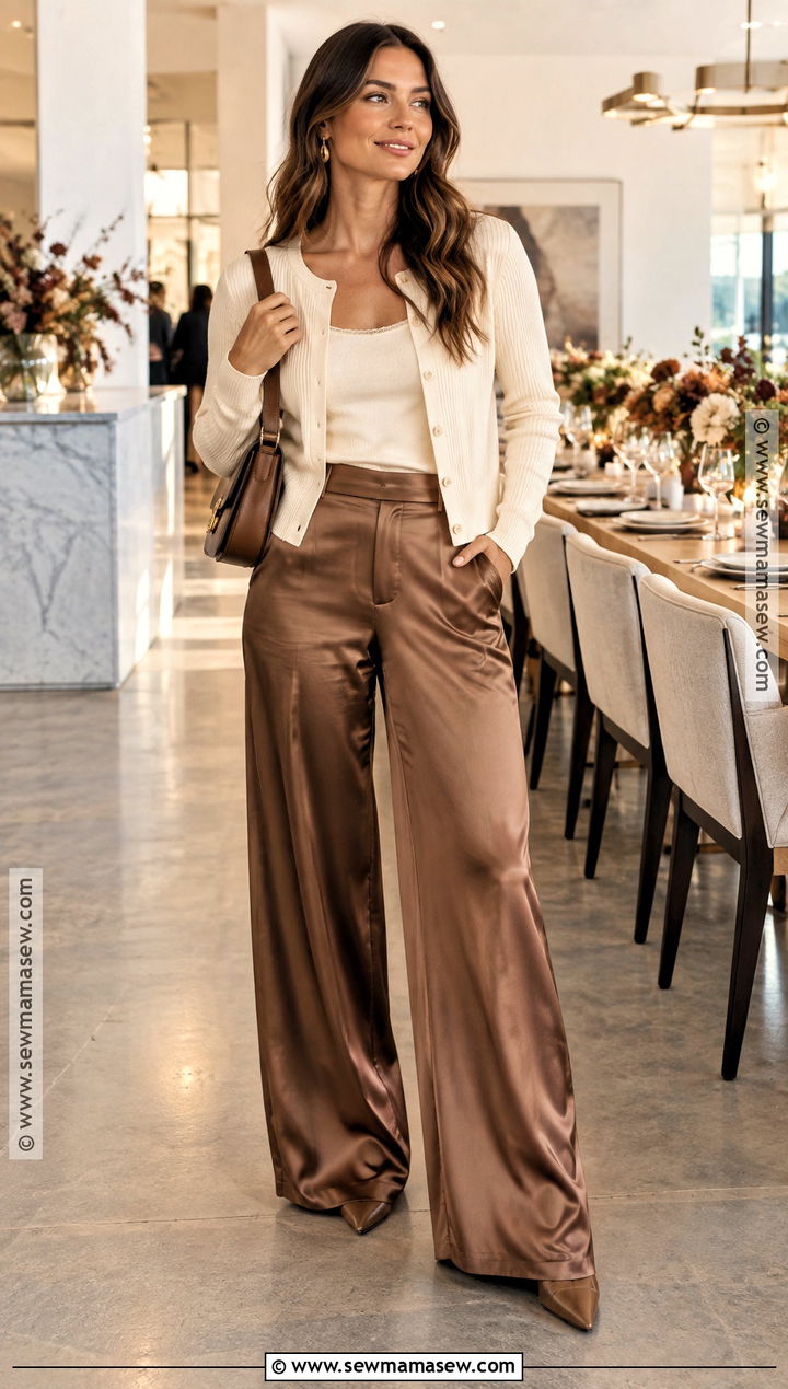 Cardigan With Satin Trousers And Pointed Flats - 25 fall cardigan outfits