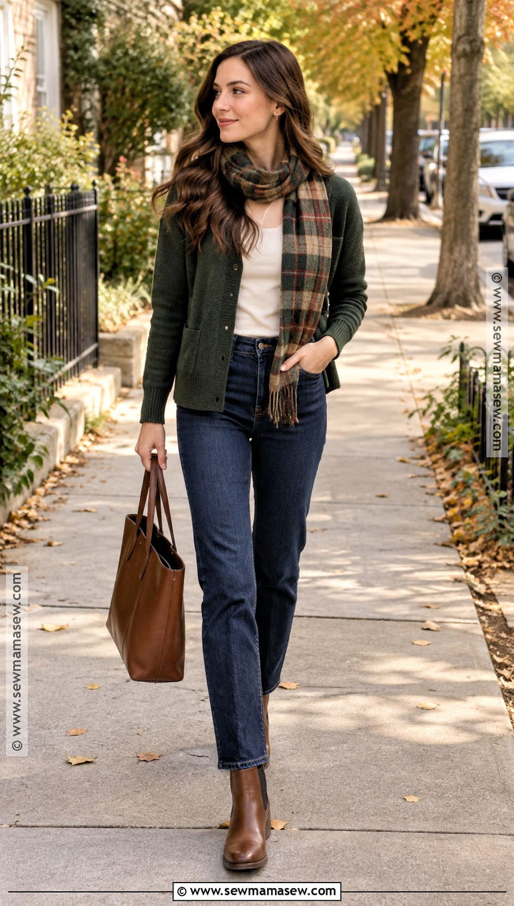 Cardigan With Scarf Jeans And Chelsea Boots - 25 cardigan outfit fall ideas