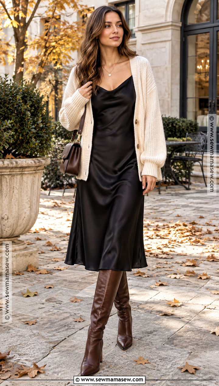 Cardigan With Slip Dress and Boots - 15 cardigan fall ideas 2026