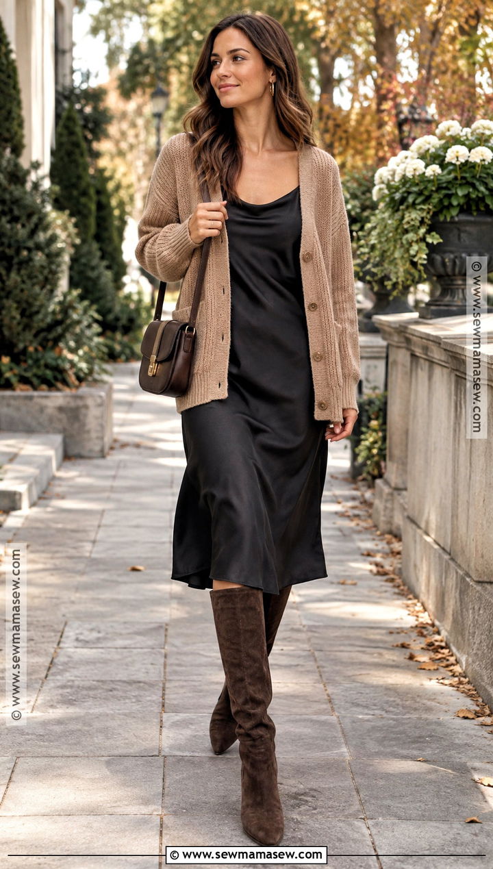 Cardigan With Slip Dress and Knee High Boots - 15 fall fashion cardigan inspiration ideas
