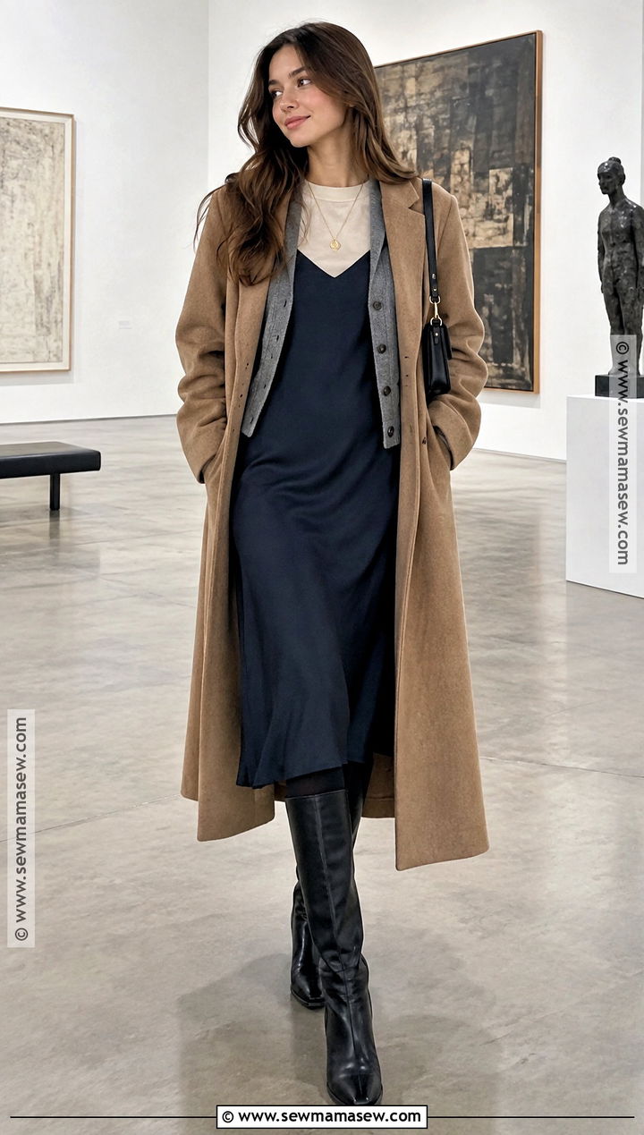 Cardigan With Slip Dress and Tall Boots - 15 autumn winter capsule wardrobe ideas 2026