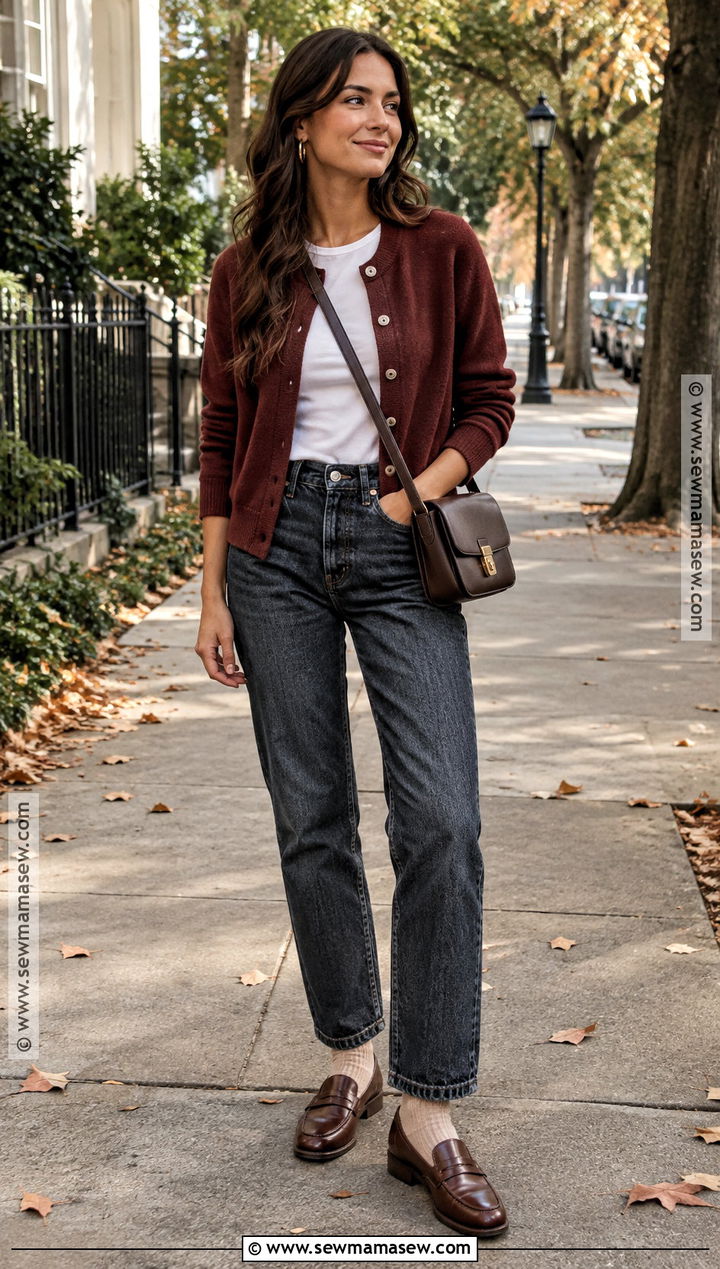 Cardigan With Straight Leg Jeans And Loafers - 25 fall attire ideas