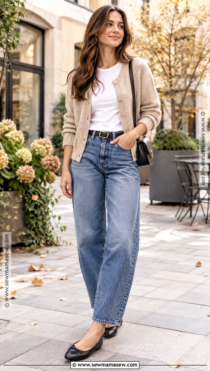 Cardigan With T Shirt And Barrel Leg Jeans - 25 autumn layering outfit ideas
