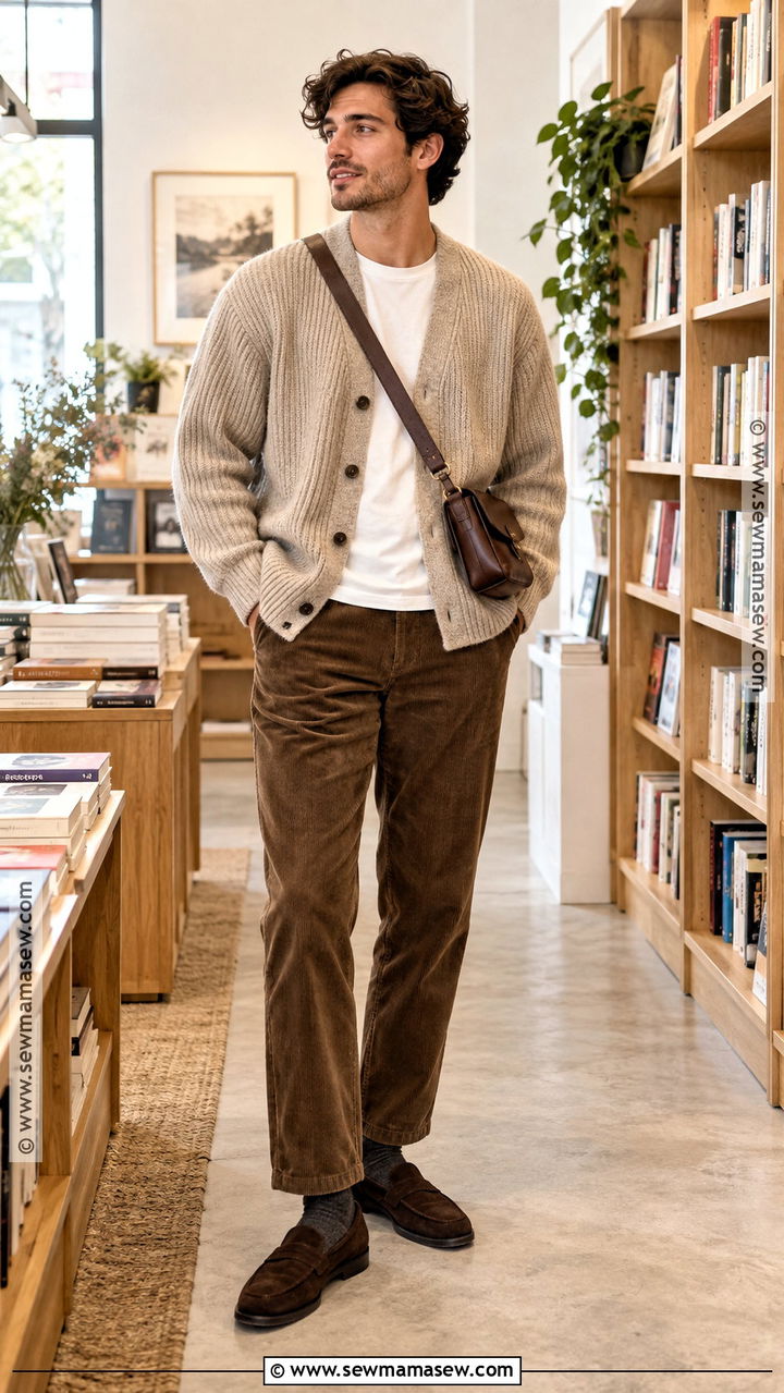Cardigan With T Shirt And Corduroy Pants - 20 Mens Casual Fall Outfits
