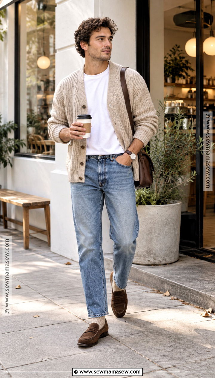 Cardigan With T Shirt And Jeans Fall Fit - 20 fall fit ideas for men