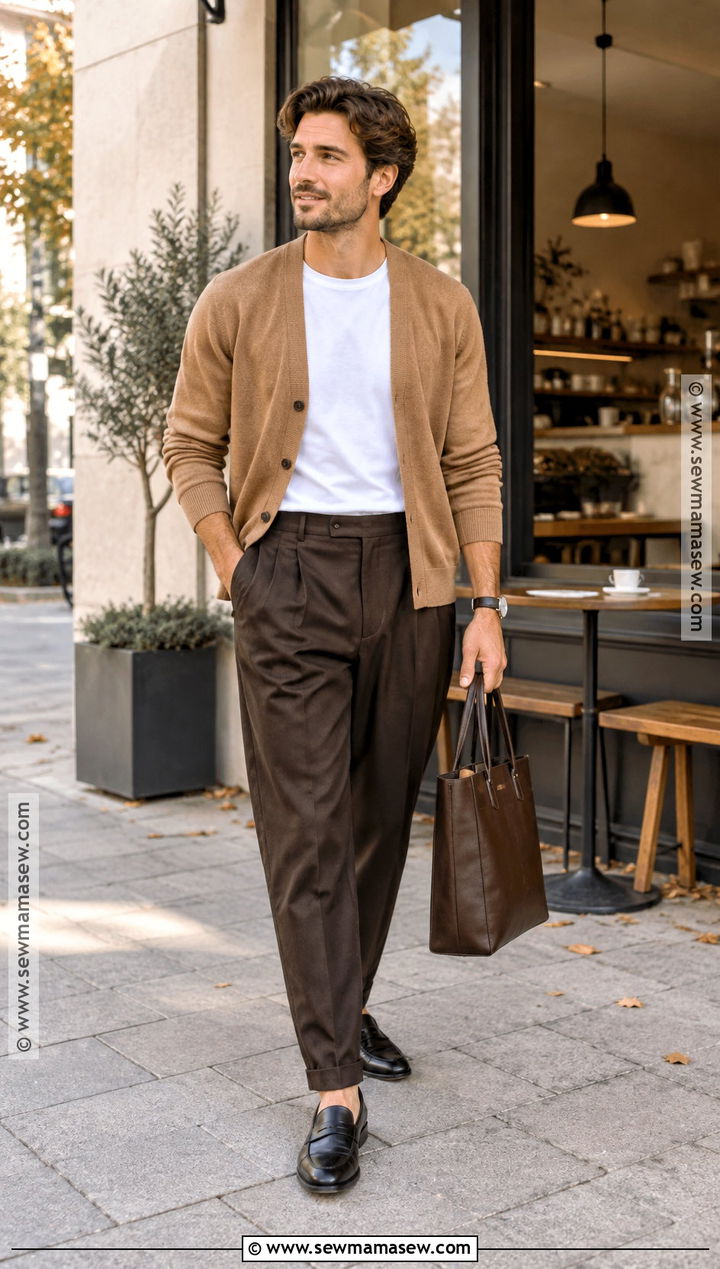 Cardigan With T Shirt And Pleated Trousers - 20 mens outfits autumn