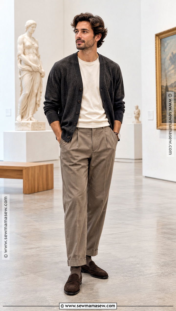 Cardigan With T Shirt And Pleated Trousers - 20 Casual Outfits Men Fall