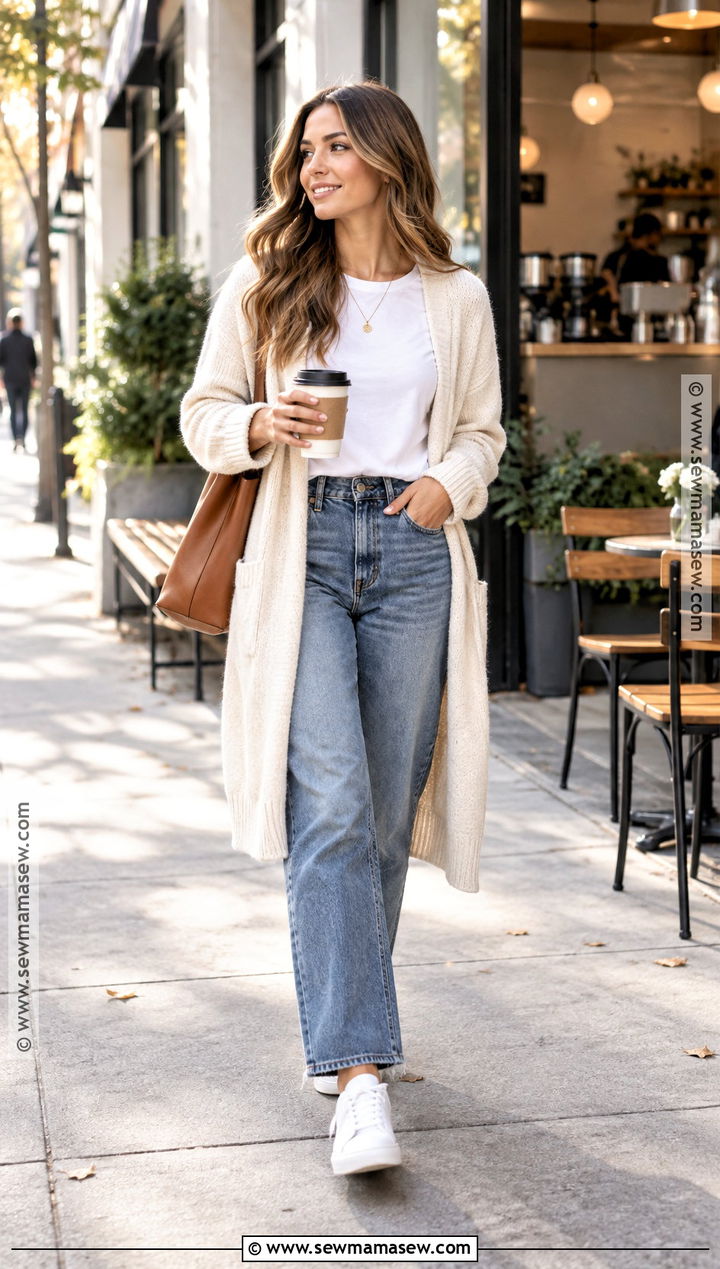 Cardigan With T Shirt And Relaxed Jeans - 25 comfortable fall outfits