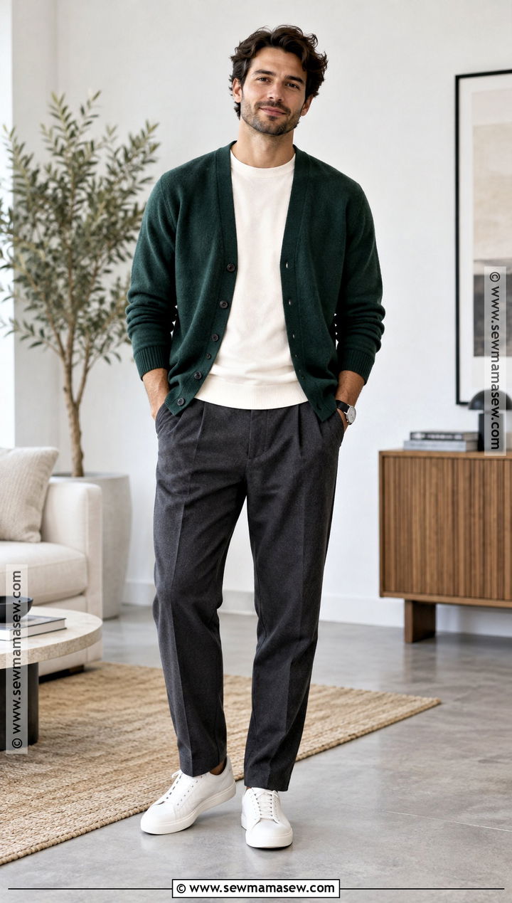 Cardigan With T Shirt And Tailored Trousers - 20 autumn male outfit ideas