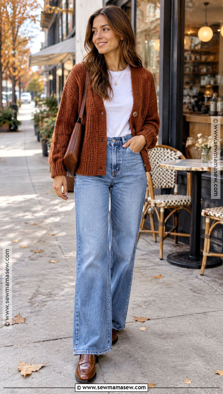 Cardigan With T Shirt And Wide Leg Jeans - 25 comfy autumn outfits