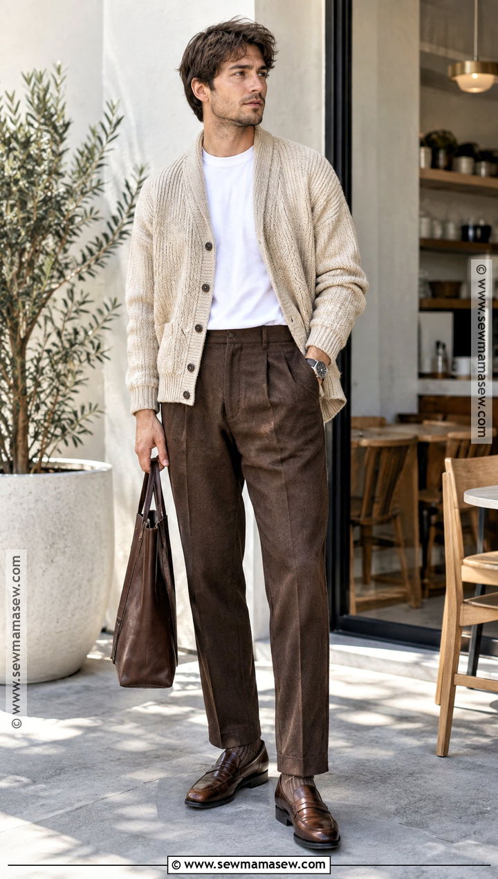 Cardigan With T Shirt and Pleated Trousers - 20 fit inspo men autumn ideas