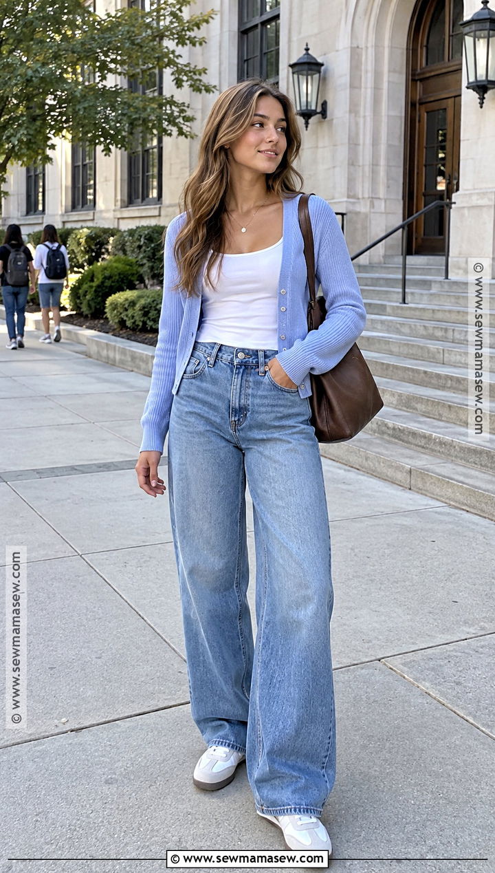 Cardigan With Tank Top And Wide Leg Jeans - 20 basic back to school outfits