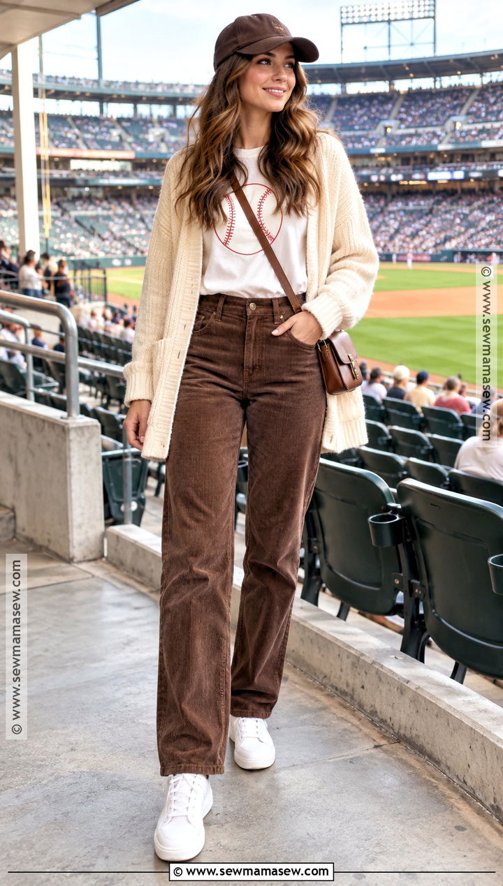 Cardigan With Team Tee And Corduroy Pants - 20 baseball game outfit fall ideas