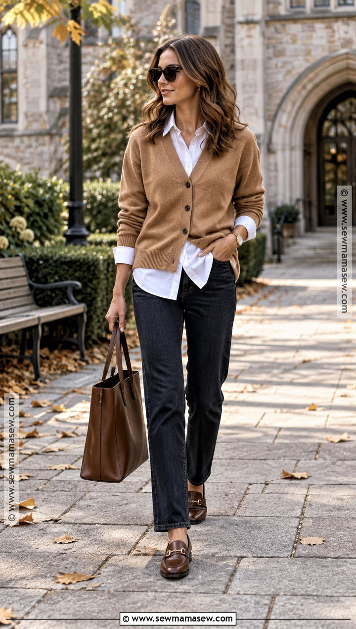 Cardigan With White Shirt and Loafers - 15 fall fashion cardigan inspiration ideas