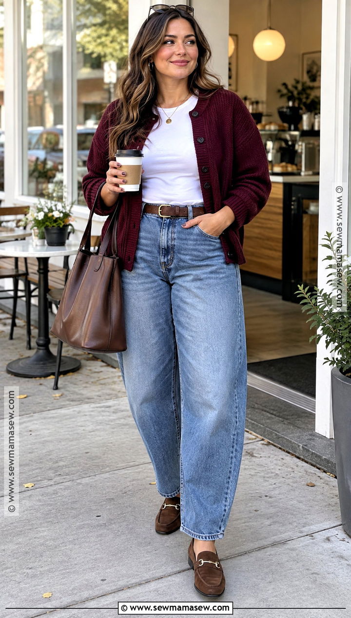 Cardigan With White T Shirt And Barrel Jeans - 15 casual fall sweater style ideas