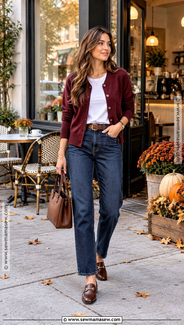 Cardigan With White T Shirt And Dark Wash Jeans - 15 Casual Chic Fall Outfits 2026
