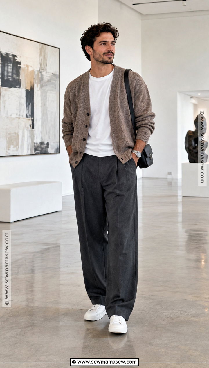 Cardigan With White T Shirt And Wide Leg Trousers - 15 autumn sweater ideas for men