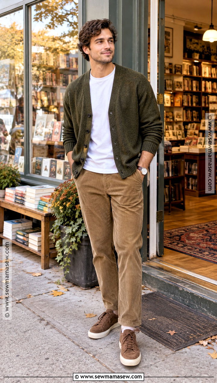 Cardigan With White T Shirt and Corduroy Pants - 15 chill fall outfits for men