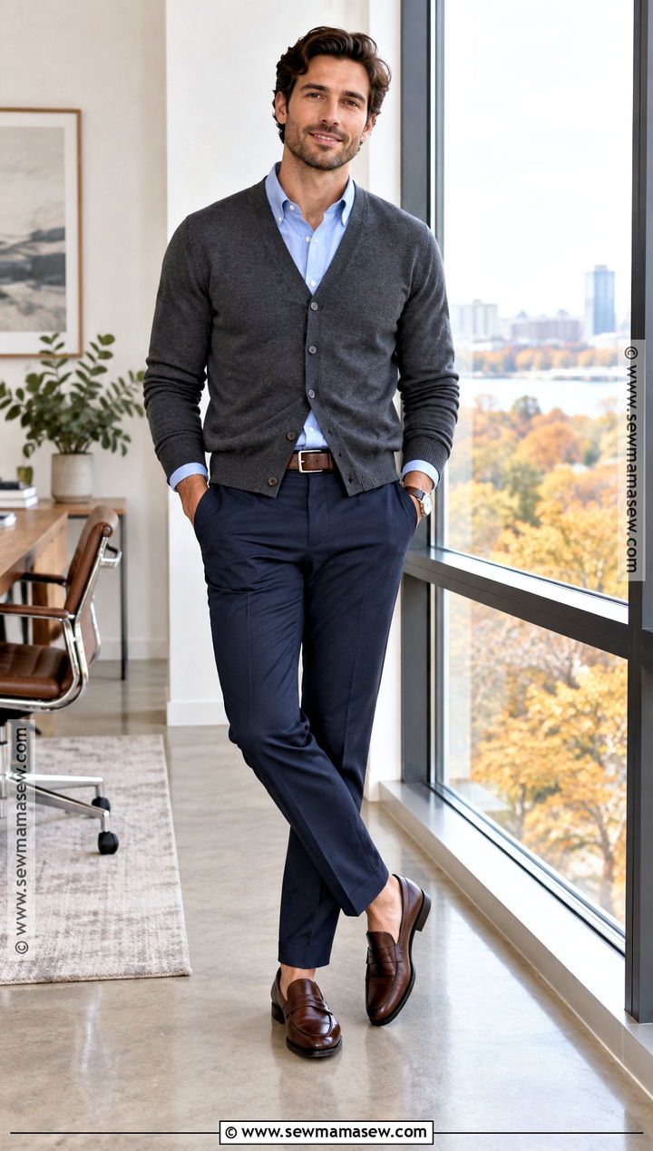 Cardigan and Button Down Business Casual Outfit - 20 fall business casual outfits for men