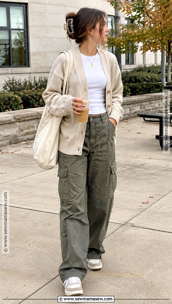 Cardigan and Cargo Pants Fall School Outfit - 15 chill outfits for school fall