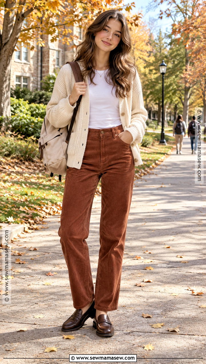 Cardigan and Corduroy Pants School Outfit - 25 outfits for school autumn