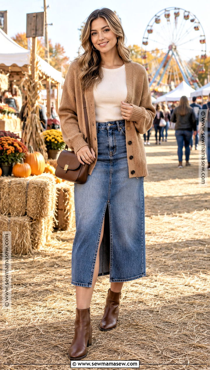 Cardigan and Denim Midi Skirt Fall Fair Outfit - 25 fall fair outfit ideas