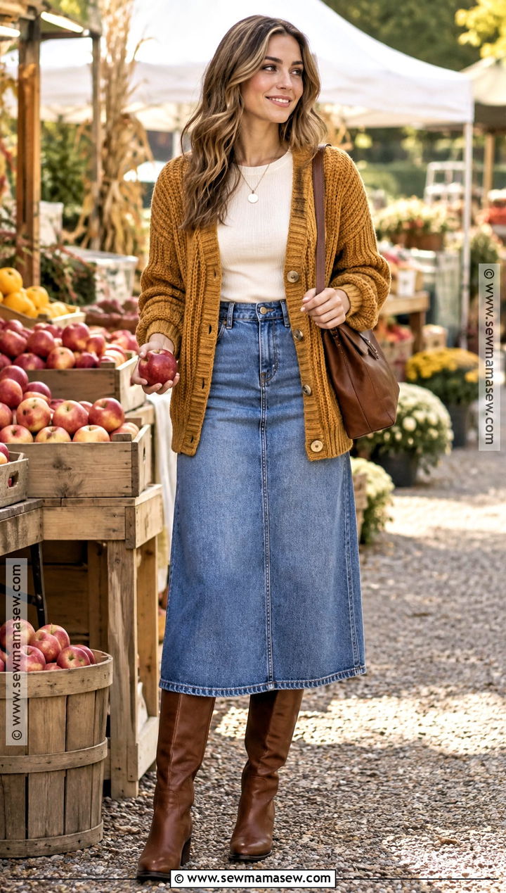Cardigan and Denim Midi Skirt Harvest Outfit - 20 Harvest Outfits