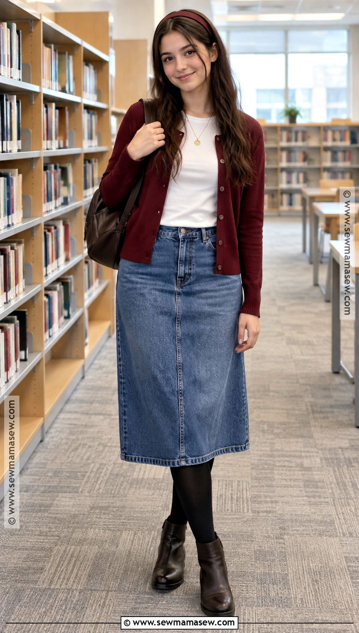 Cardigan and Denim Midi Skirt School Outfit - 20 Fall Inspo Outfits For School