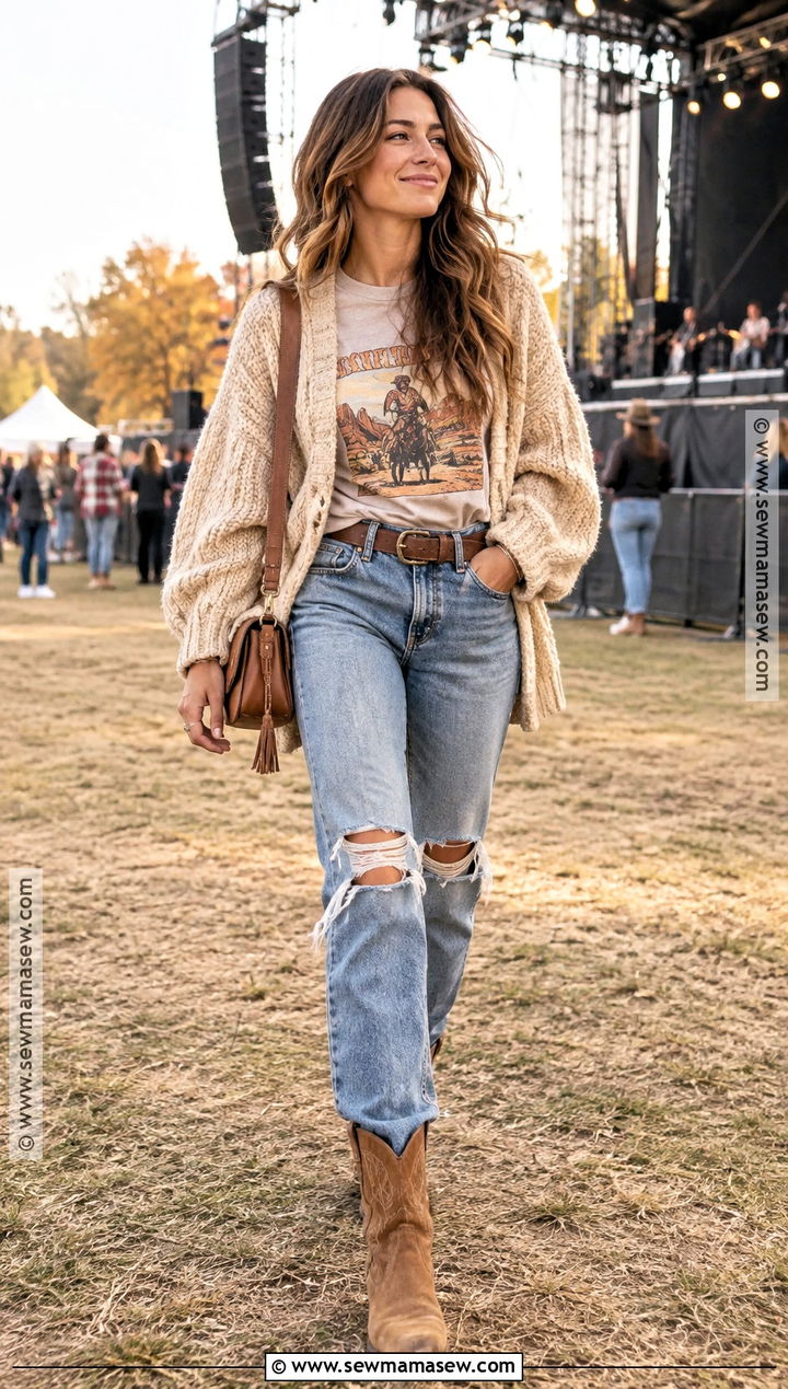 Cardigan and Distressed Jeans Country Festival Outfit - 20 country festival outfit fall ideas
