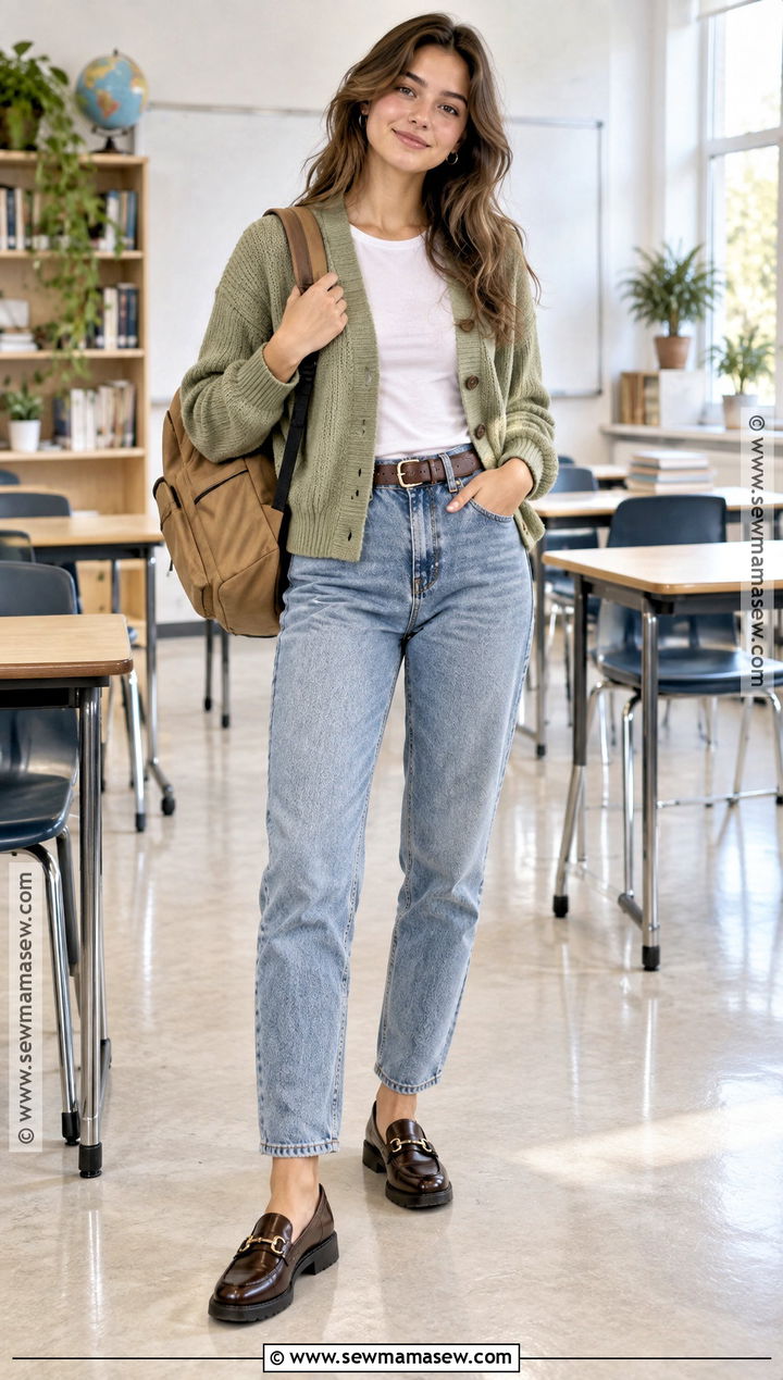 Cardigan and Mom Jeans Fall School Outfit - 15 cute outfits for school for highschool fall