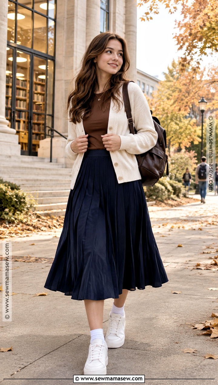 Cardigan and Pleated Midi Skirt Fall Class Outfit - 25 fall class outfits