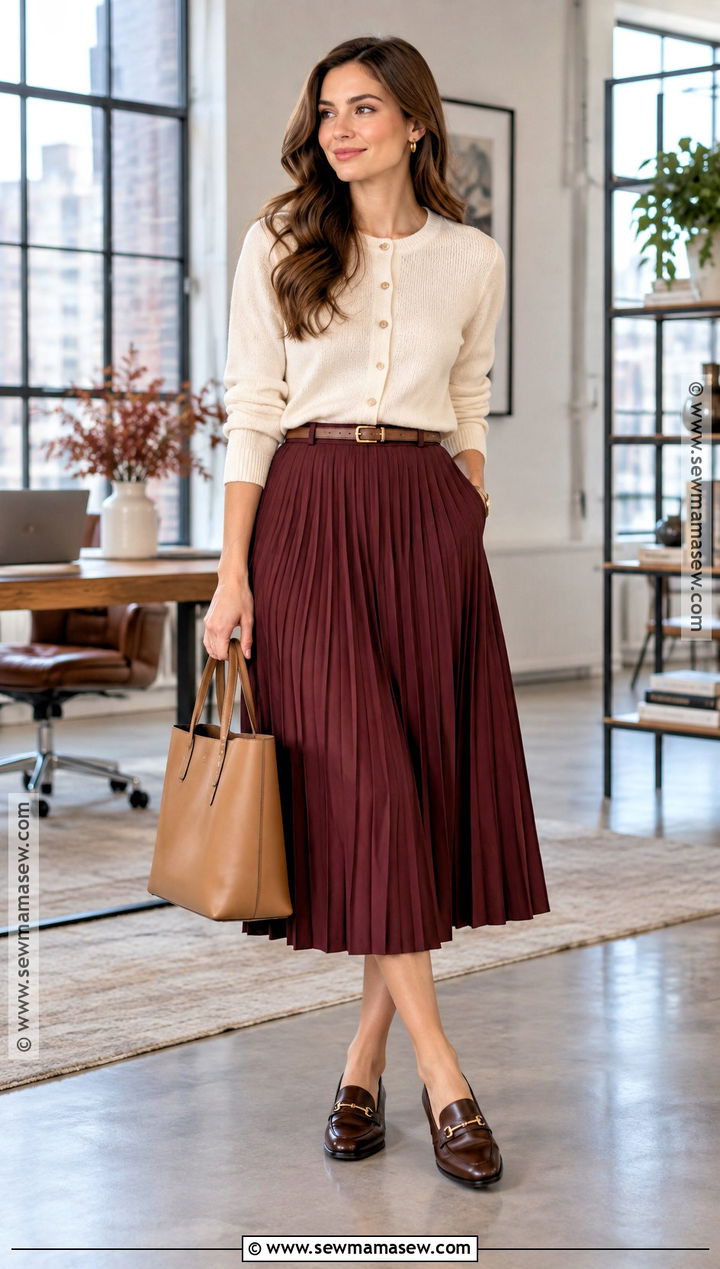 Cardigan and Pleated Midi Skirt Office Outfit - 20 Fall Outfit Office Ideas