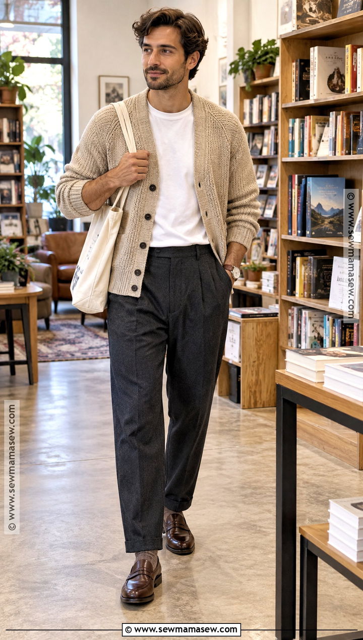 Cardigan and Pleated Pants Fall Outfit - 15 cute fall outfits for men