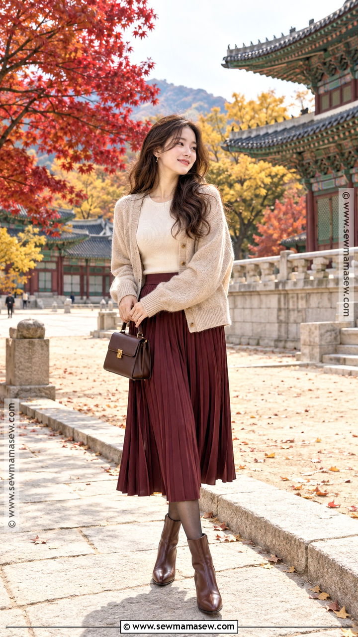 Cardigan and Pleated Skirt Autumn Outfit - 20 autumn in korea outfit ideas