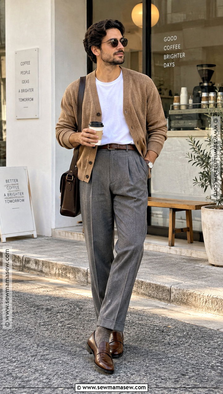 Cardigan and Pleated Trousers Fall Outfit - 20 Fall Outfits for Guys