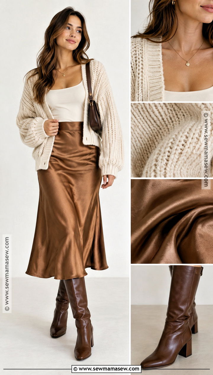 Cardigan and Satin Midi Skirt Autumn Outfit - 15 cozy autumn outfit collage ideas