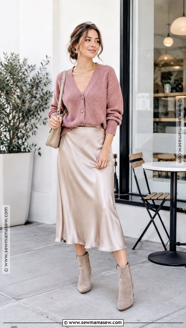 Cardigan and Satin Midi Skirt Autumn Outfit - 25 cute autumn outfits aesthetic