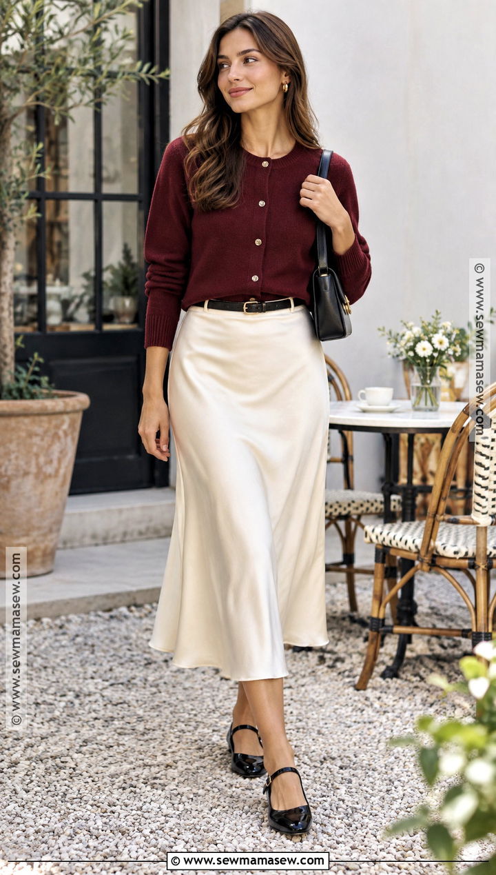 Cardigan and Satin Midi Skirt Preppy Fall Outfit - 20 Preppy Fall Outfits for Women