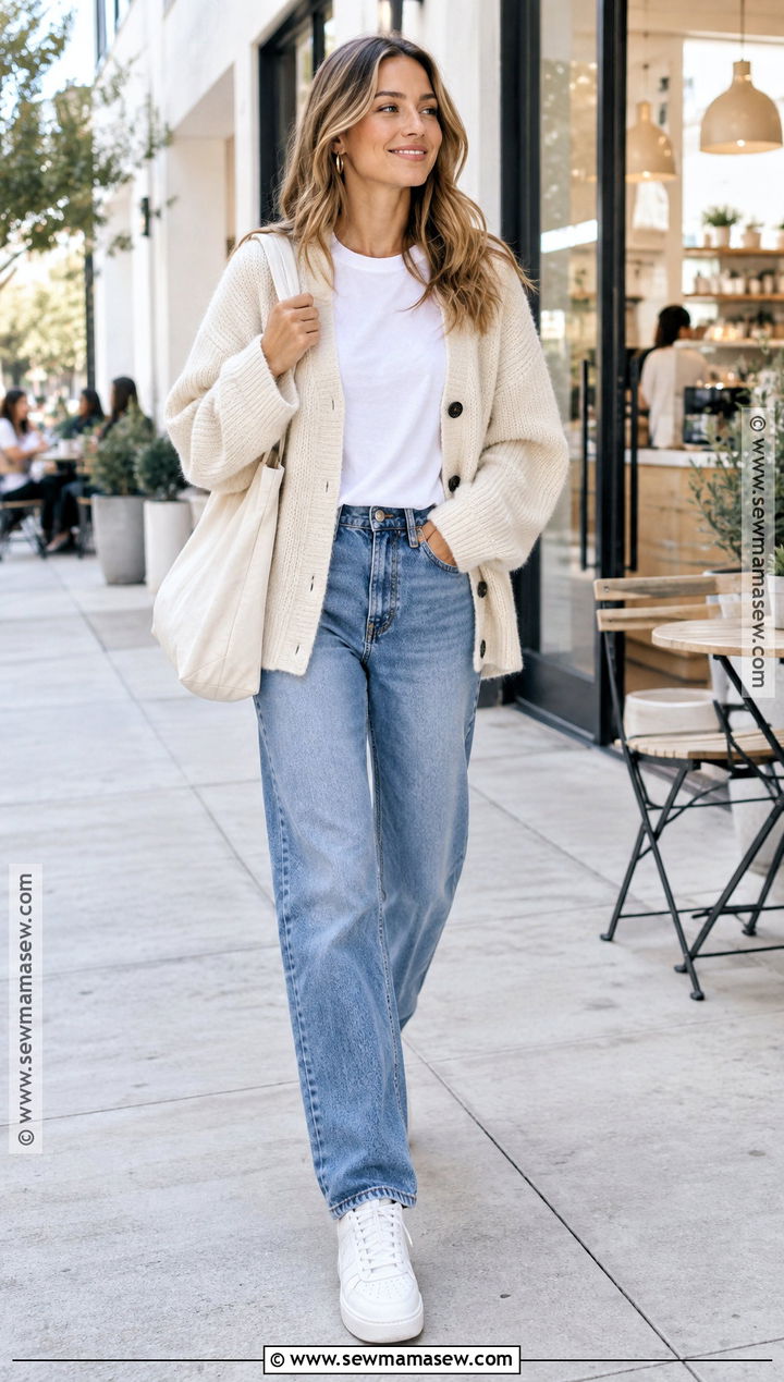 Cardigan and T Shirt Fall Outfit - 15 budget-friendly fall clothing ideas