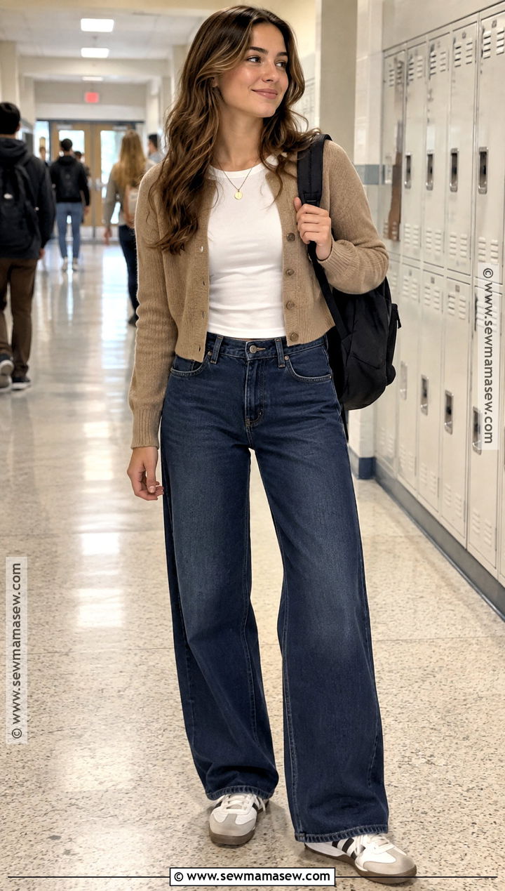 Cardigan and Wide Leg Jeans Fall School Outfit - 15 easy fall school outfits
