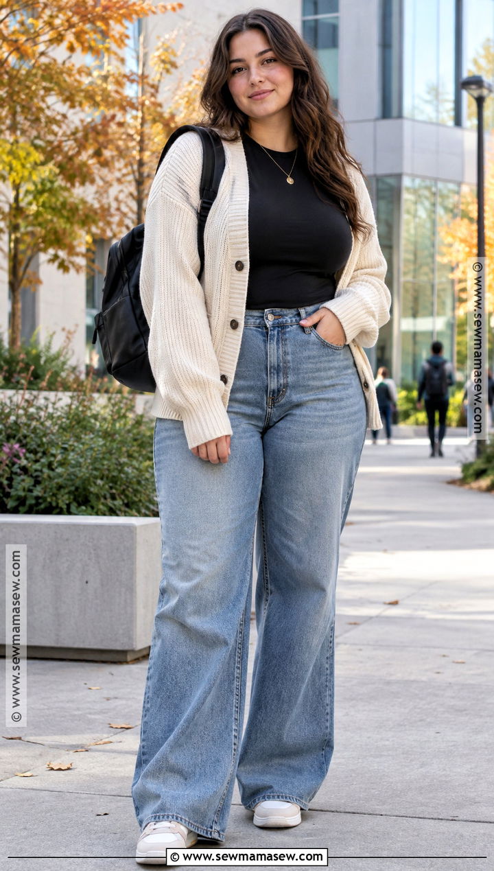 Cardigan and Wide Leg Jeans School Outfit - 25 autumn school outfits