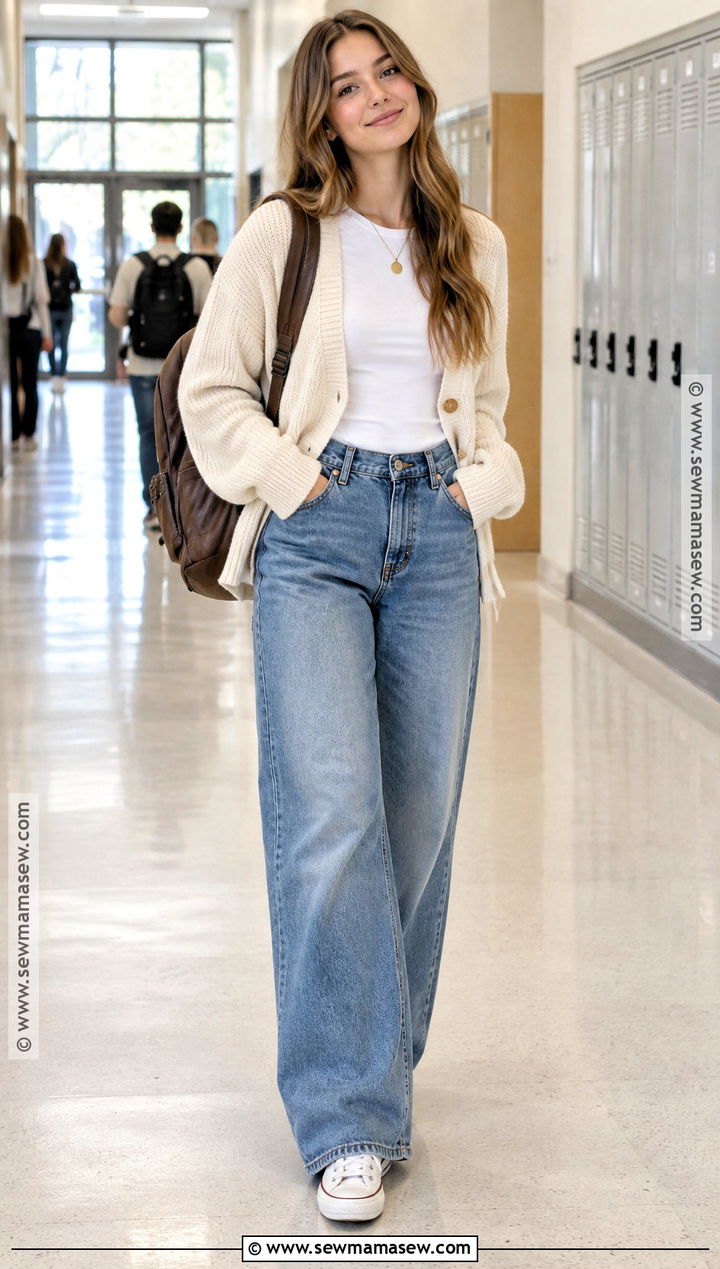 Cardigan and Wide Leg Jeans School Outfit - 15 fall winter outfits school
