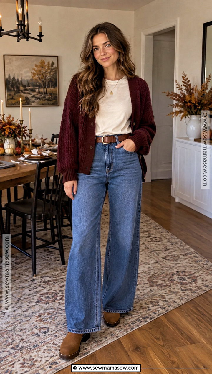 Cardigan and Wide Leg Jeans Thanksgiving Outfit - 25 Chill Thanksgiving Outfits