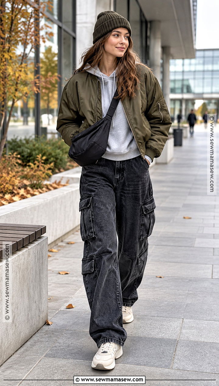 Cargo Jeans With Hoodie And Bomber Jacket - 15 cargo autumn outfit ideas