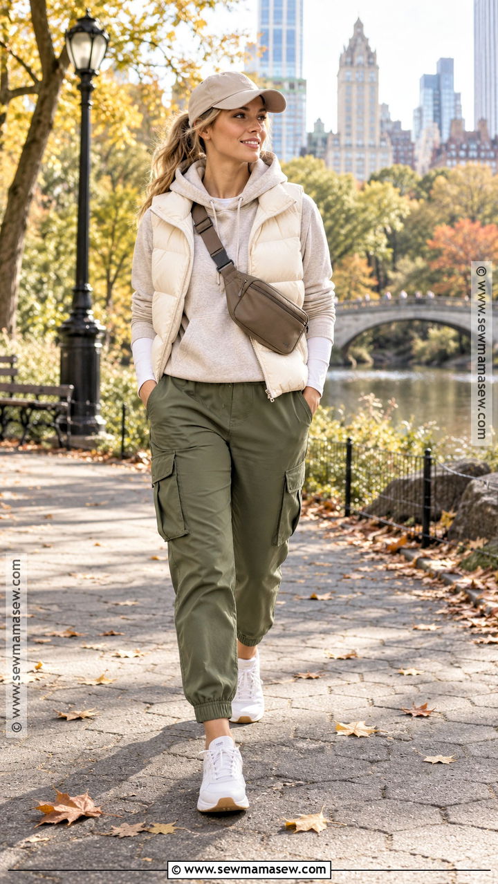 Cargo Jogger Pants With Hoodie And Puffer Vest - 20 fall cargo pants outfit for women