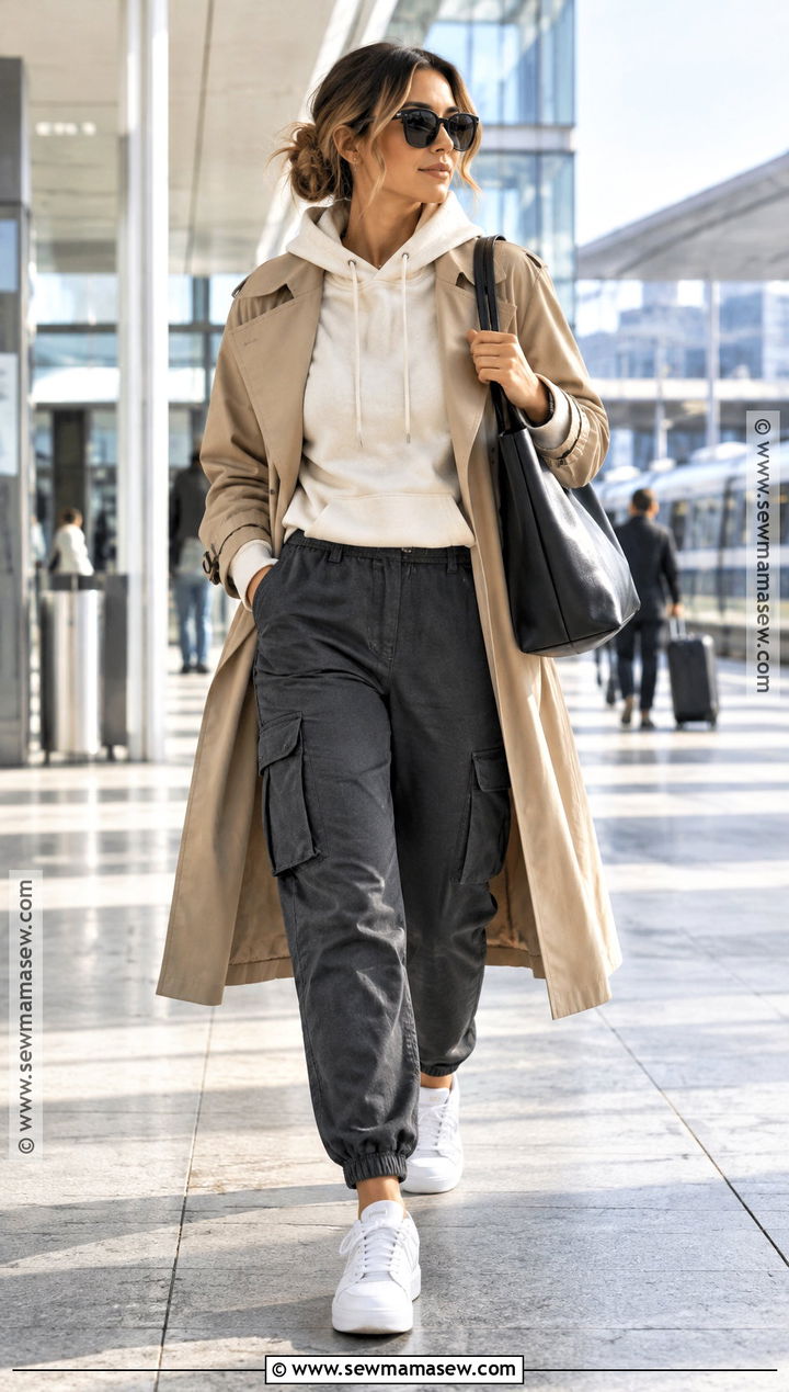 Cargo Jogger Pants With Hoodie And Trench Coat - 15 cargo pant fall outfit ideas