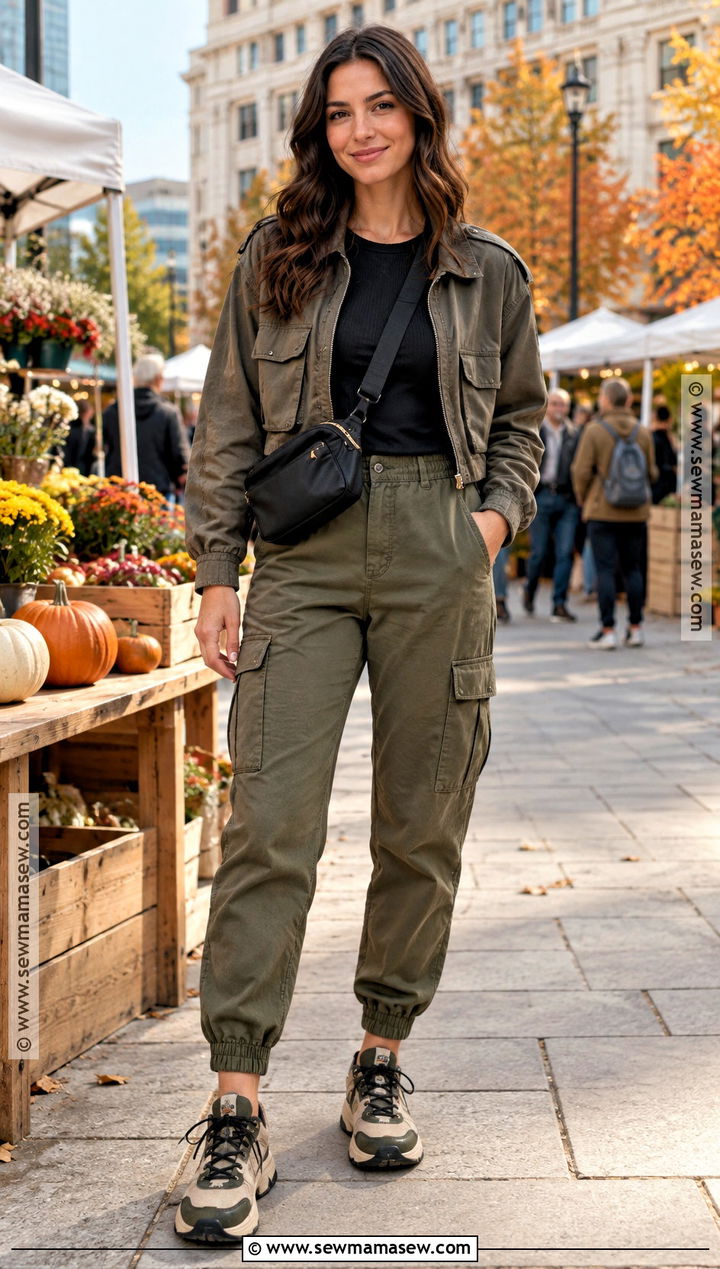 Cargo Joggers And Fitted Long Sleeve Top Sporty Fall Outfit - 20 fall outfits sporty
